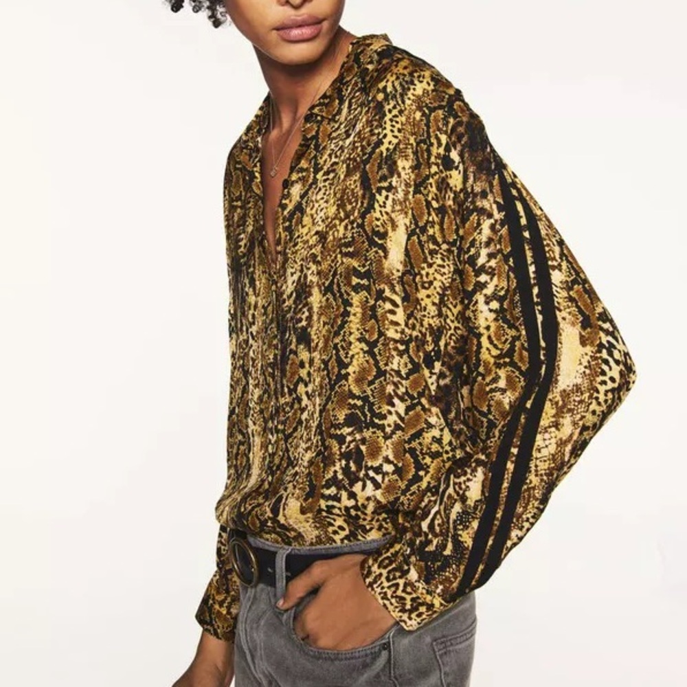 BA&SH Susie snake print crepe blouse with tuxedo stripes at sleeves size M